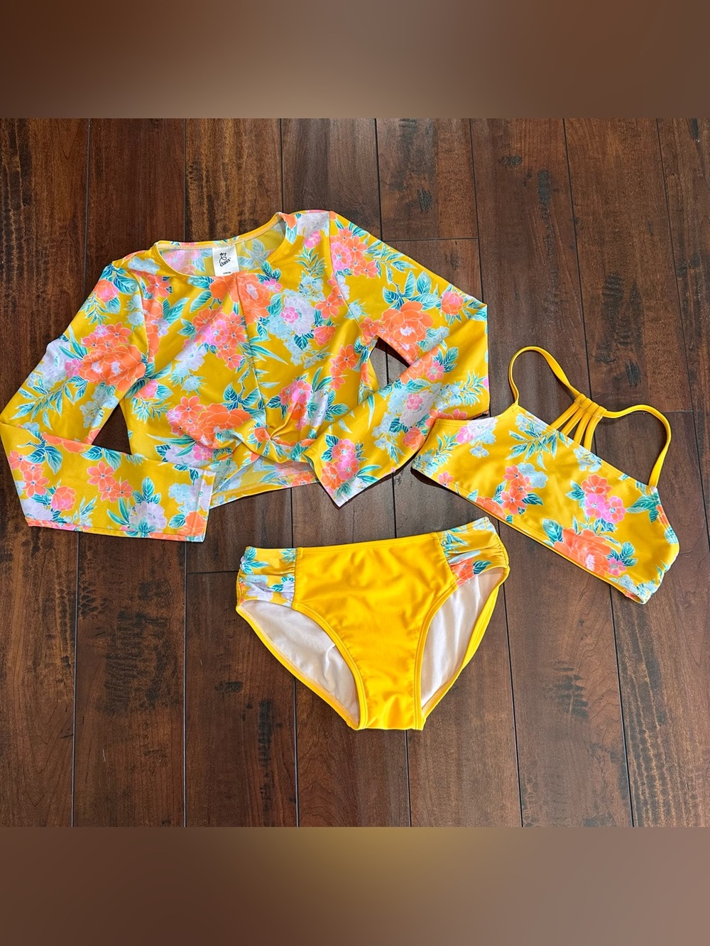 Girls Art Class 3 Piece Bikini Rash Guard Swimwear Set Yellow Floral Sz L(10/12)